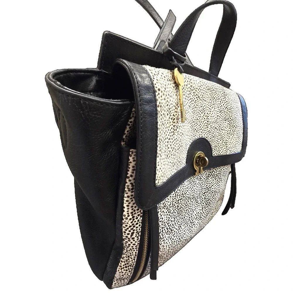 Fossil Amelia‎ Convertible Backpack White Cheetah Spotted  3-IN-1 Black Leather